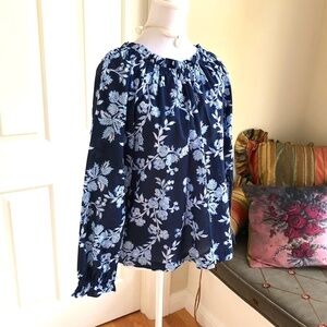 J. Crew Factory Blue Floral Long Sleeve Cotton Top, Ruffled Neck & Cuffs (S)